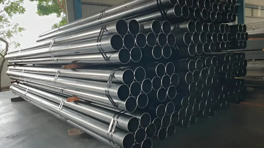 The image shows stainless steel pipes tied together in bundles.