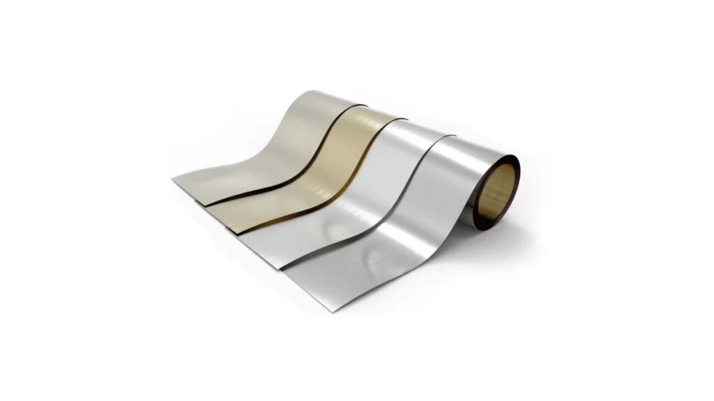 The image shows rolled tin-plated sheets in multiple shades.
