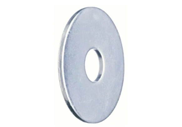 A closeup of a fender flat washer, a large-diameter washer with a relatively small central hole 