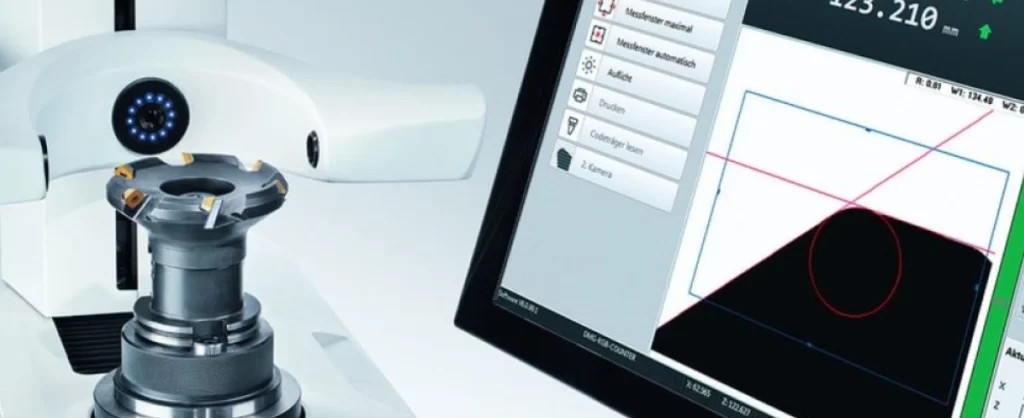 Offline tool presetter measuring milling tool geometry with optical sensors and digital display for precise CNC tool data input