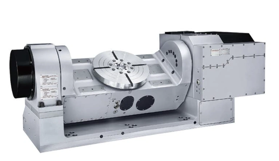 An image of a section of a vertical milling center showing a rotary/tilting table
