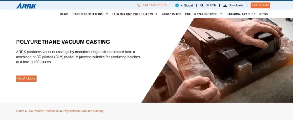 Screenshot of ARRK Europe Vacuum Casting Polyurethane service page.