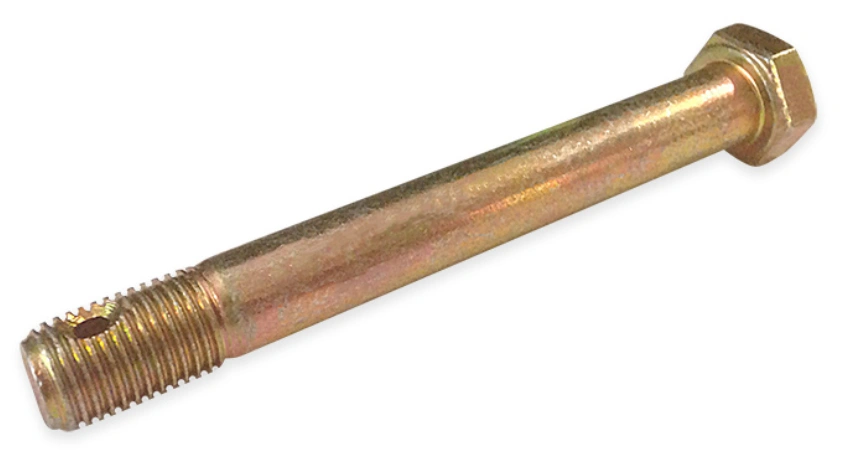 A yellow aircraft bolt with a hexagonal head and a radial hole in the threaded section