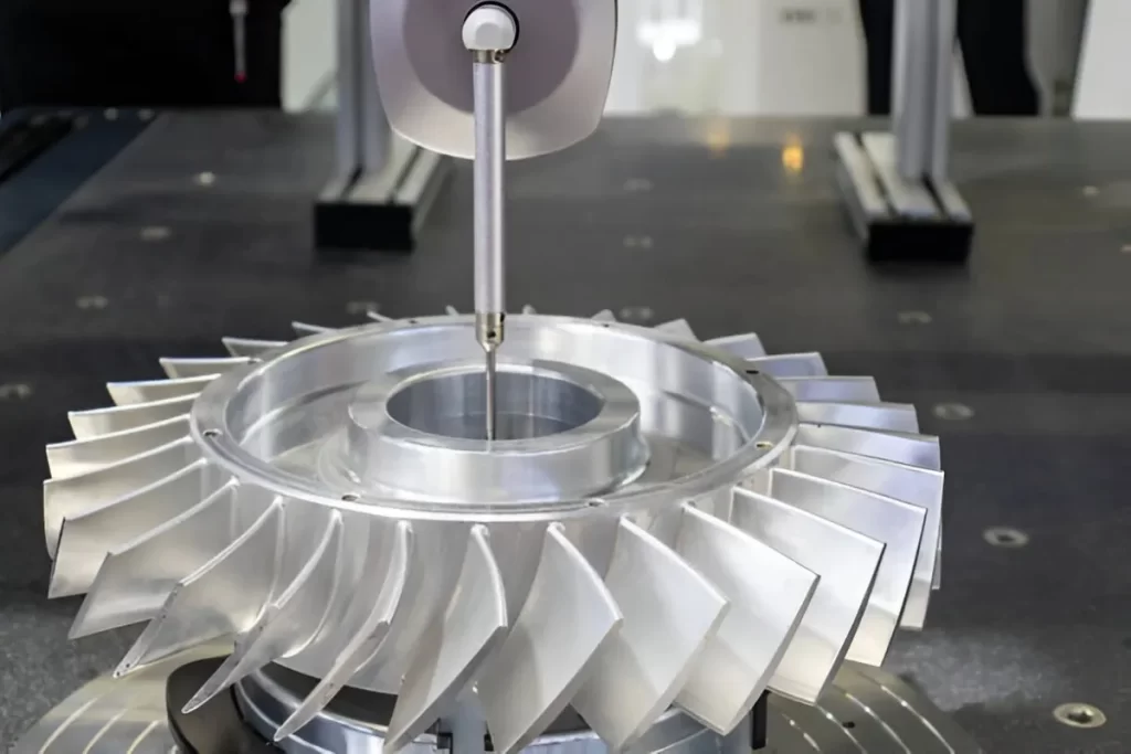 Close-up of aluminum part being machined using CNC for the aerospace industry.