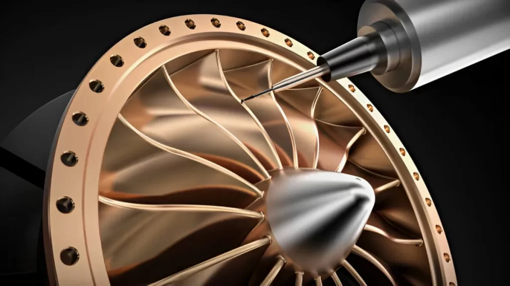 A close-up of CNC machining on a jet engine blade.