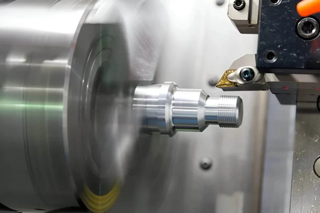 CNC turning machine cutting threads on a metal piece.