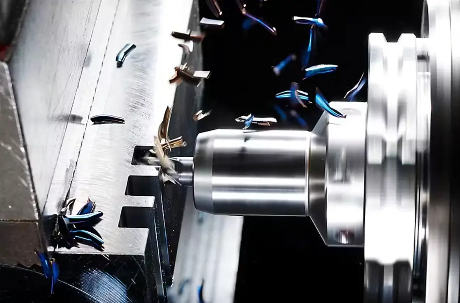 Closeup image of a CNC end milling process in progress as chips fly off a metal part 