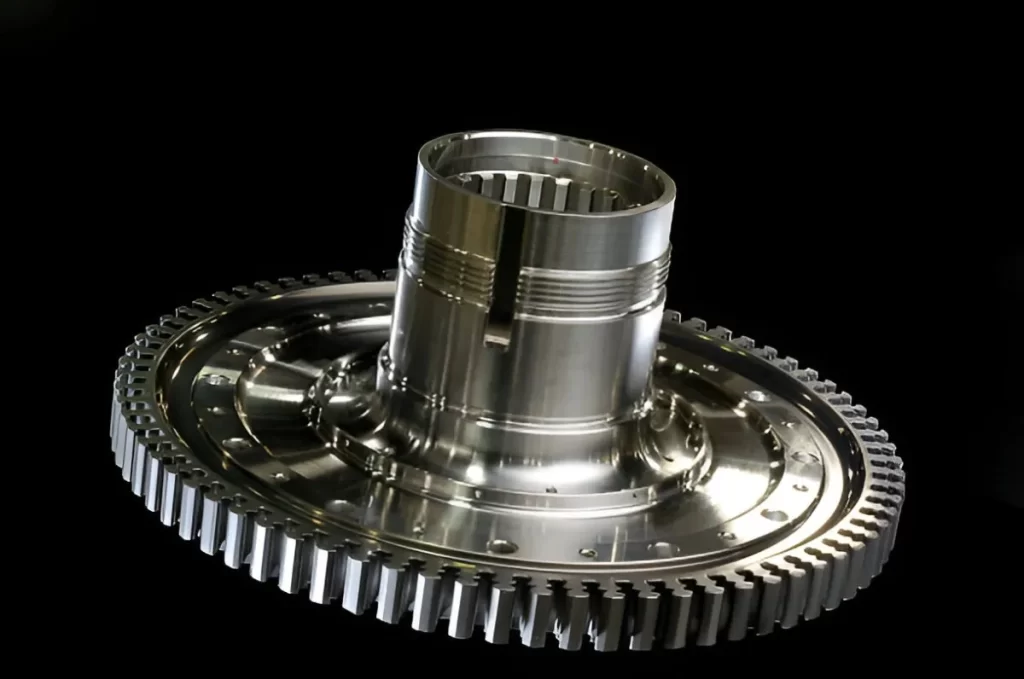 Close-up view of a complex CNC-machined interior aircraft component.