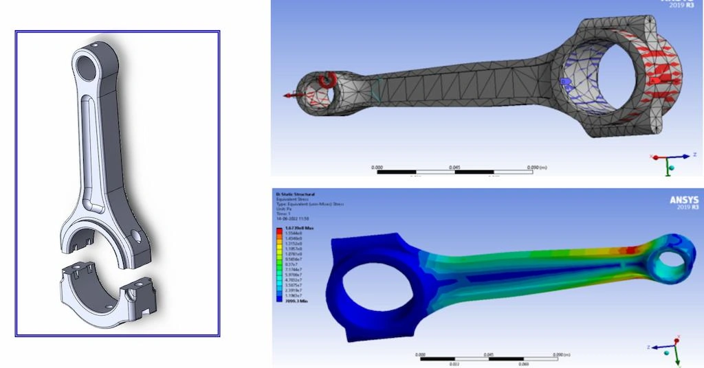 A 3D model of a connecting rod on the left and two FEA screenshots on the right
