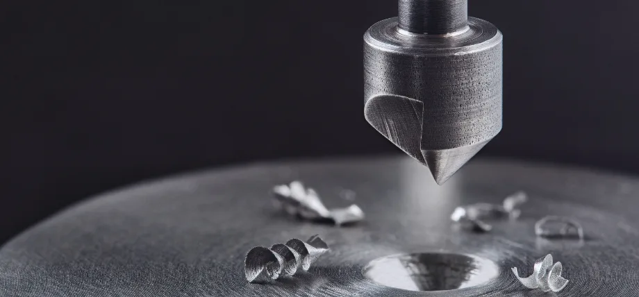 Countersink drill bit makes a  sink in the hole in the steel billet