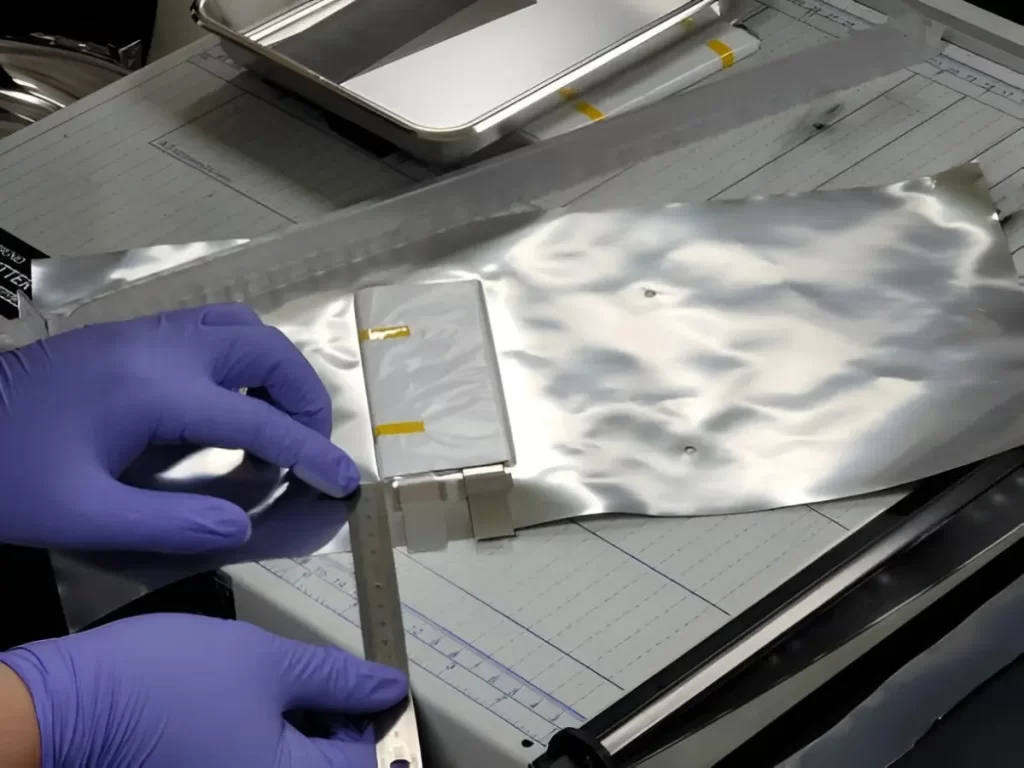 A fabricator measuring a custom sheet metal component with a scale.