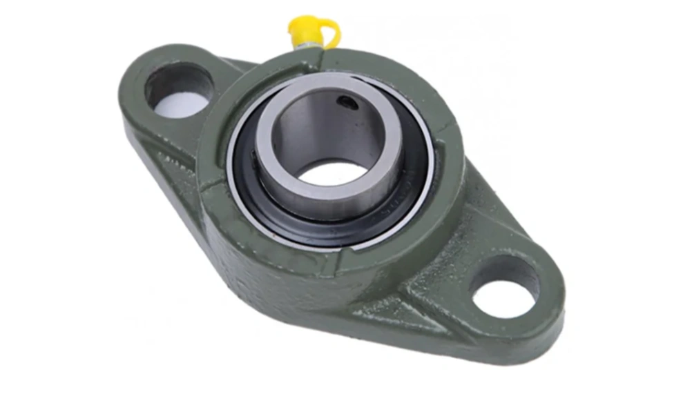  Green cast iron flange bearing unit with two mounting holes and grease fitting 