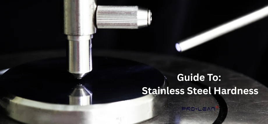 Stainless steel hardness indentation test equipment with sample test and text on the right “Guide To: Stainless Steel Hardness”