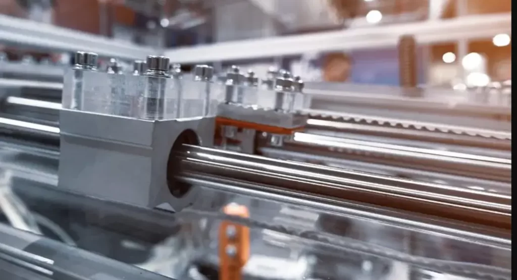 Industrial linear bearing system with polished steel shafts and bearing blocks in a manufacturing facility