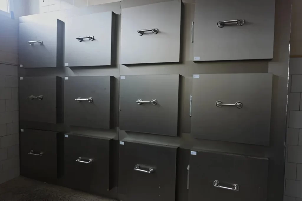 A stainless steel morgue cabinet with multiple compartments, designed for use in medical settings.