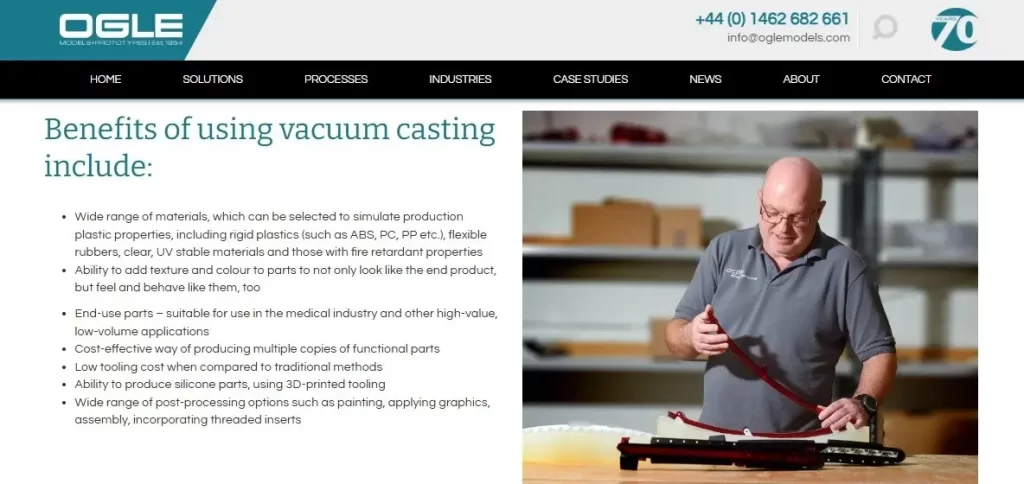 Screenshot of Ogle Models' Vacuum Casting Benefits page.