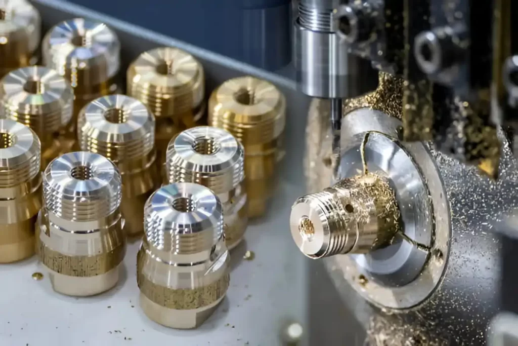 Identical, precisely machined Swiss turned parts displayed together.