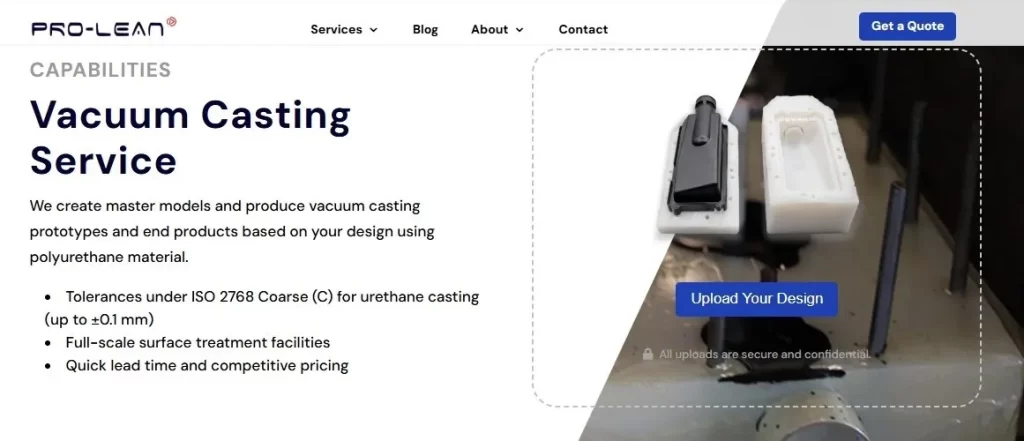 Screenshot of Prolean Tech Vacuum Casting service page.