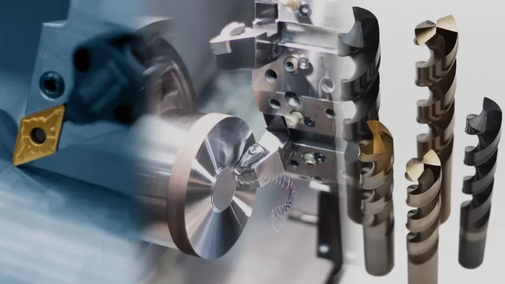 A montage of various machining tools, including drills and turning machine inserts.
