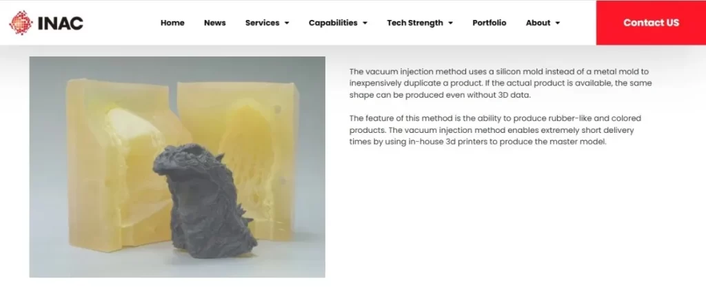 Screenshot of INAC US Vacuum Casting service page.