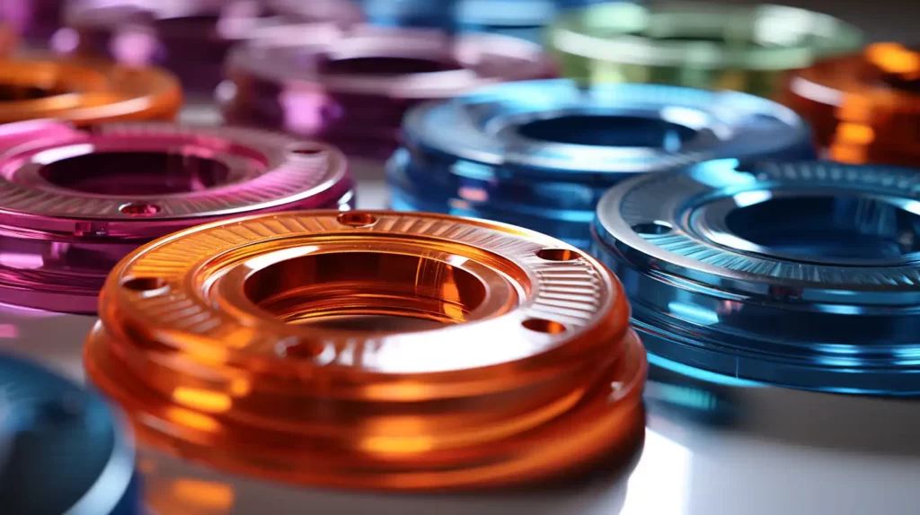 Close-up view of anodized metal rings in different finishes, including brass, copper, and silver, arranged on a dark surface.