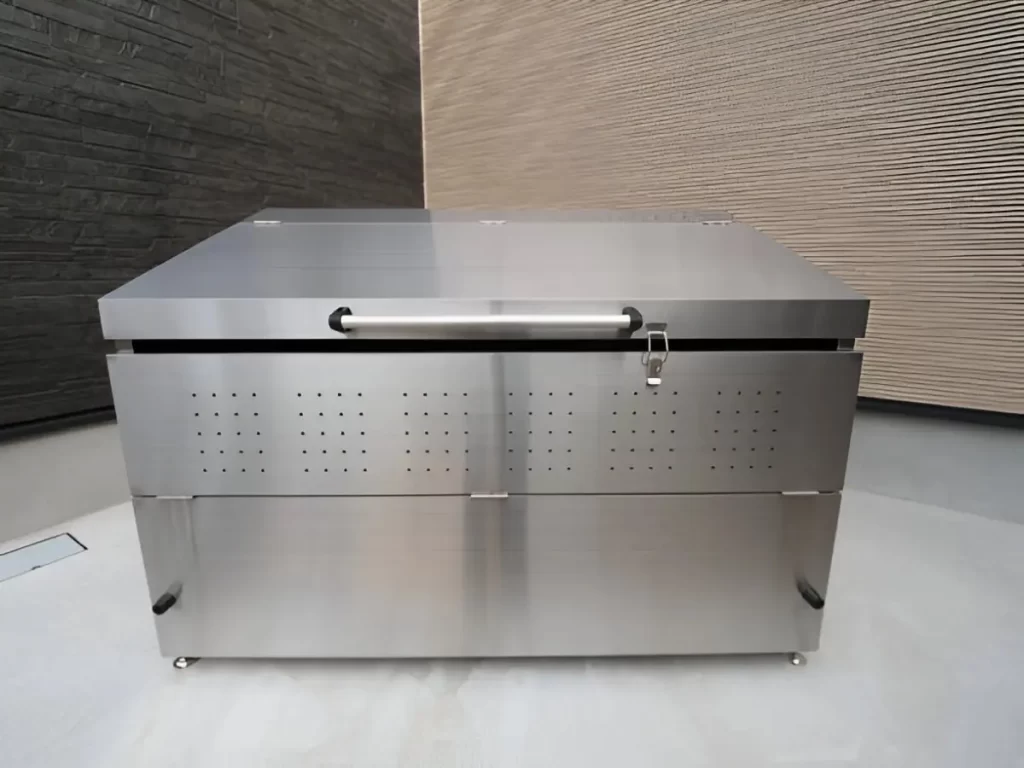 A stainless steel drawer table on display, showcasing its clean design.