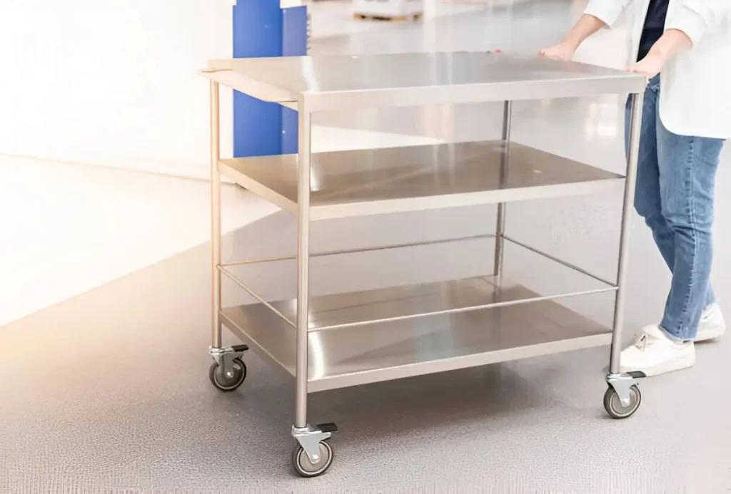 A medical professional handling a stainless steel medical cart.