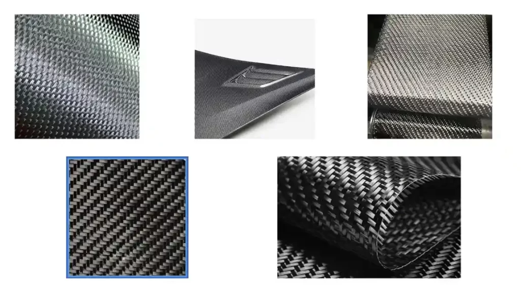 A collage of five close-up images showing different carbon fiber materials.