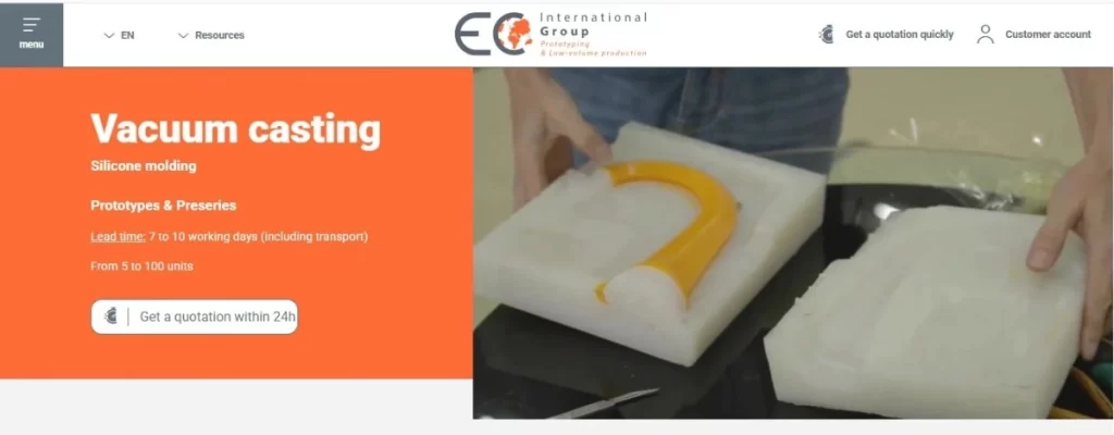 Screenshot of Vacuum Casting by EC International service page.