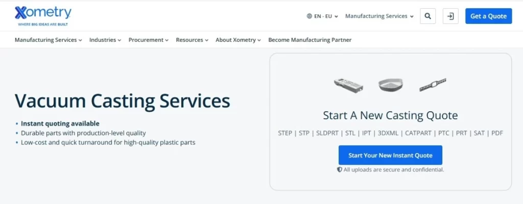 Screenshot of Xometry Vacuum Casting Services page.