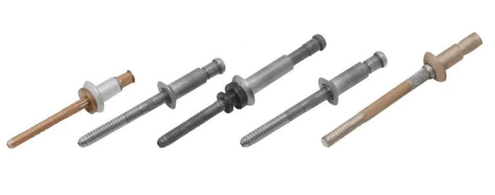 Five aircraft blind bolts of different colors and sizes on a white background