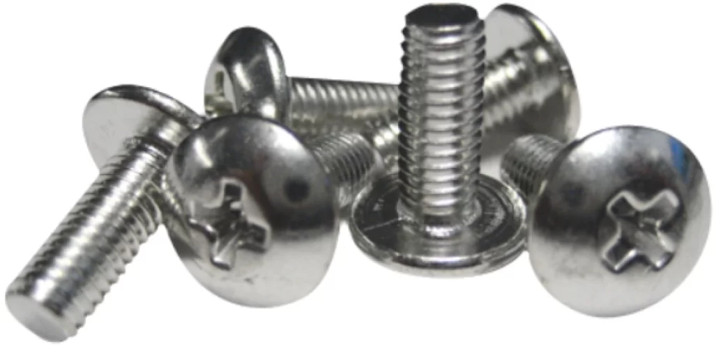 Image of six short silver aircraft screws with square-shaped cross slots on the heads
