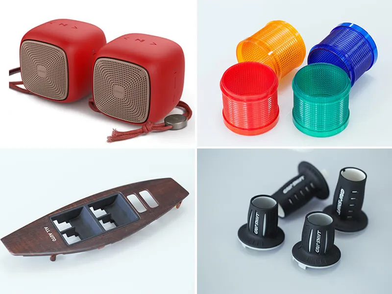 Different applications of injection molding products like baskets, speakers, etc