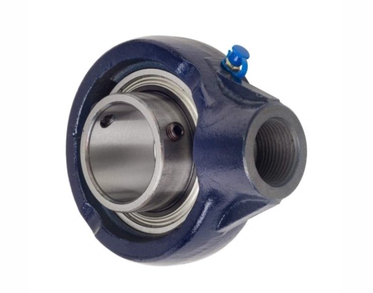 Blue cast iron hanger bearing with threaded mounting hole and grease fitting