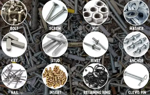 A collection of standard fasteners including rivet, nut, screw, and clevis pin