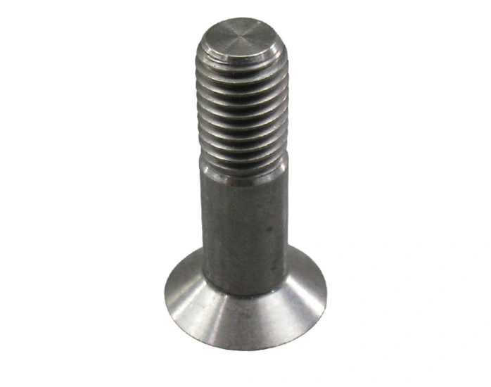 An image of a titanium screw for aircraft, placed upside down with a white background