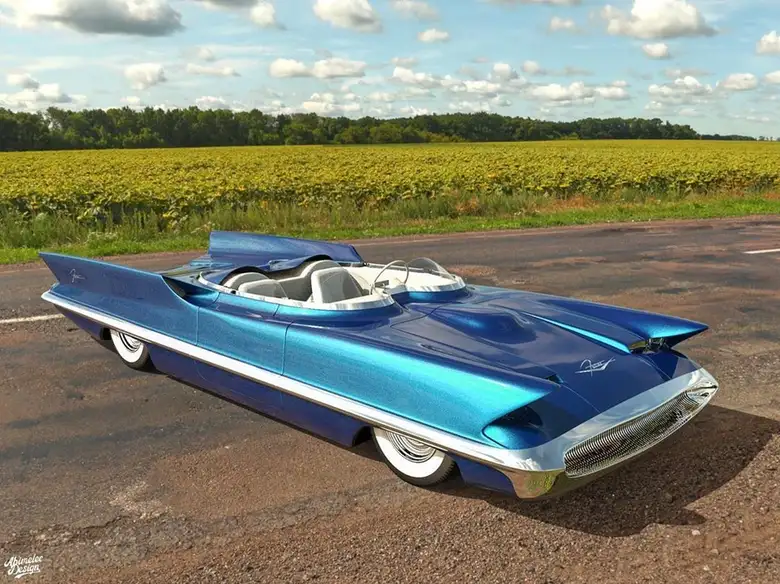 Blue Lincoln Futura concept vehicle with futuristic fin design parked on rural road
