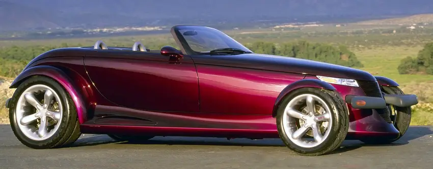 Purple convertible Plymouth Prowler concept car with retro-modern styling 
