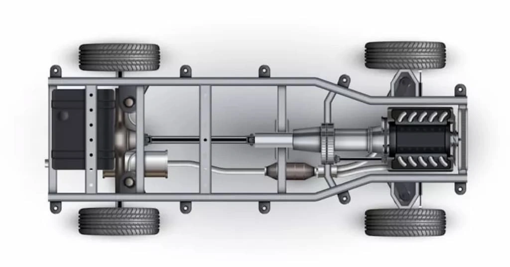 An image showing a top view of a car frame and its parts, with tyres on the wheel. 