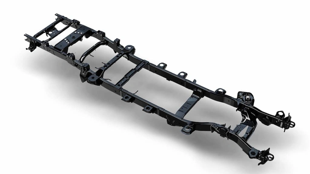 A ladder frame structure for a car with shiny black coating 