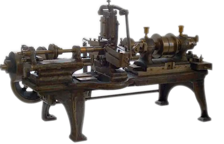 Vintage Swiss automatic lathe machine with multiple spindles and tool positions on a cast iron base