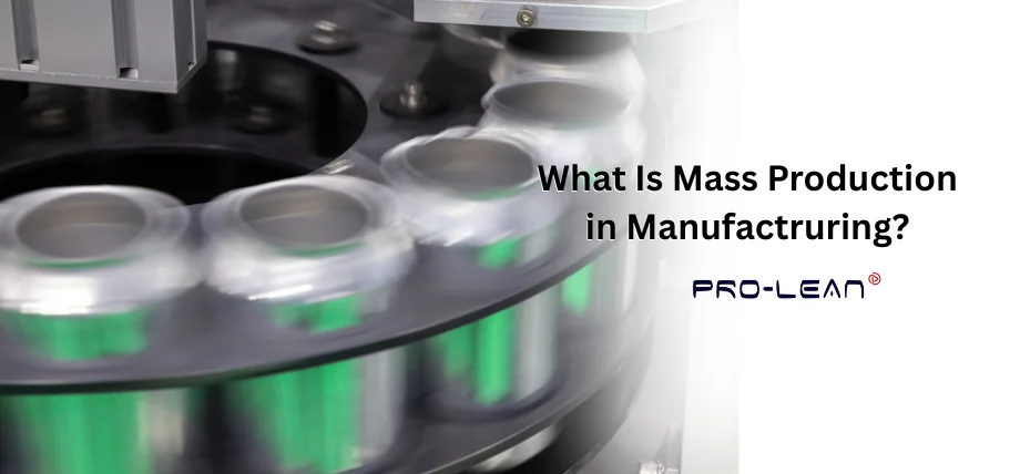 Close up of a moving conveyer belt with scanned aluminum cans with text: “What is mass production in manufacturing