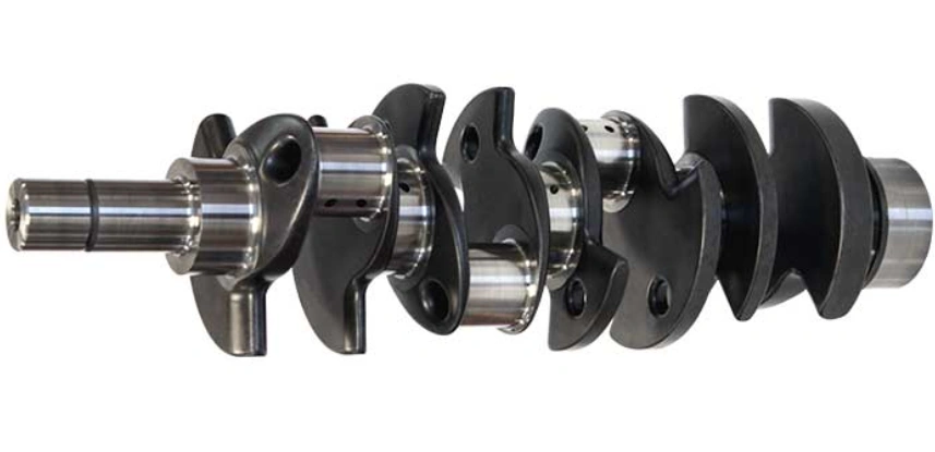 Black automotive crankshaft with visible journals and counterweights