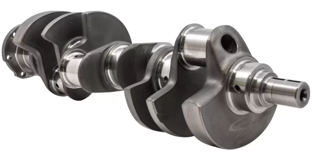 A steel crankshaft with multiple bearing surfaces and connecting rod journals