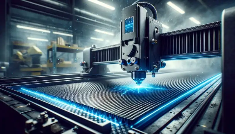Blue laser cutting through a carbon fiber sheet with precision