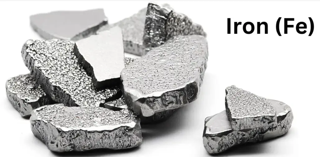 Several chunks of pure metallic iron displaying characteristic silvery-gray surfaces with rough, crystalline textures labeled 