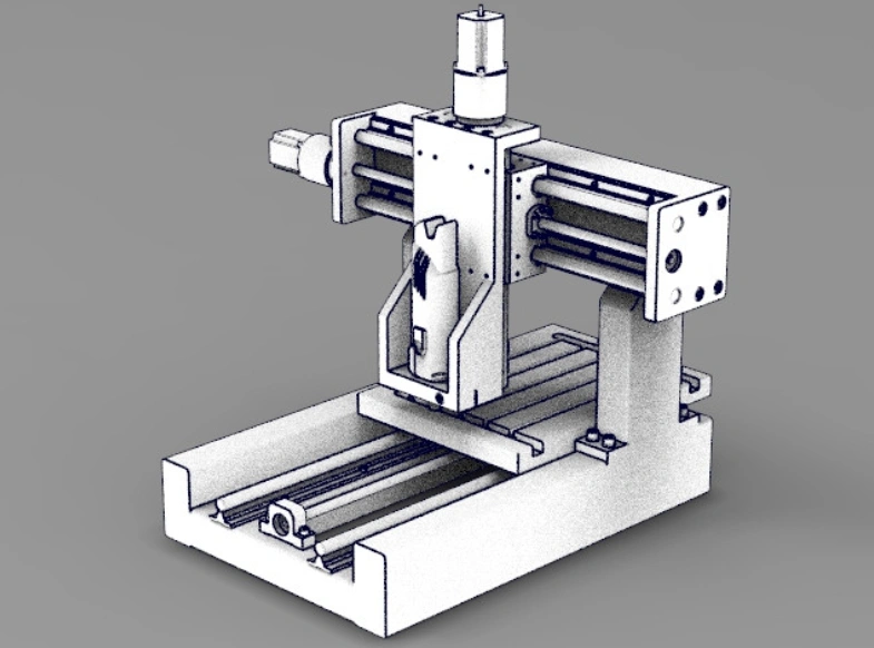 Diagram of 3-axis CNC milling machine showing linear drive systems and spindle assembly. 