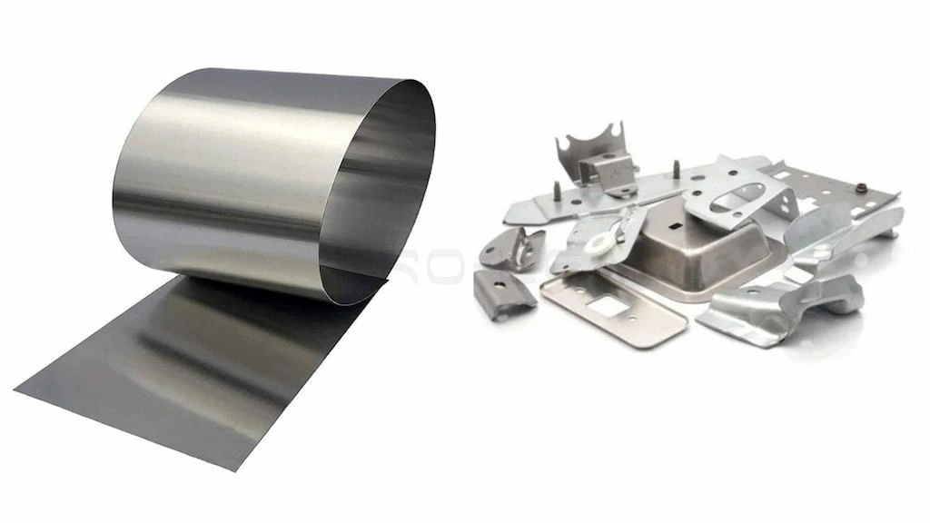 A coil of raw aluminum sheet and stamping parts side by side 