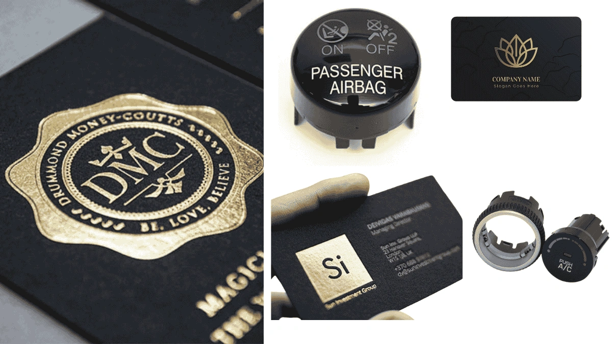 An image showing different parts with hot stamping printing on their surface