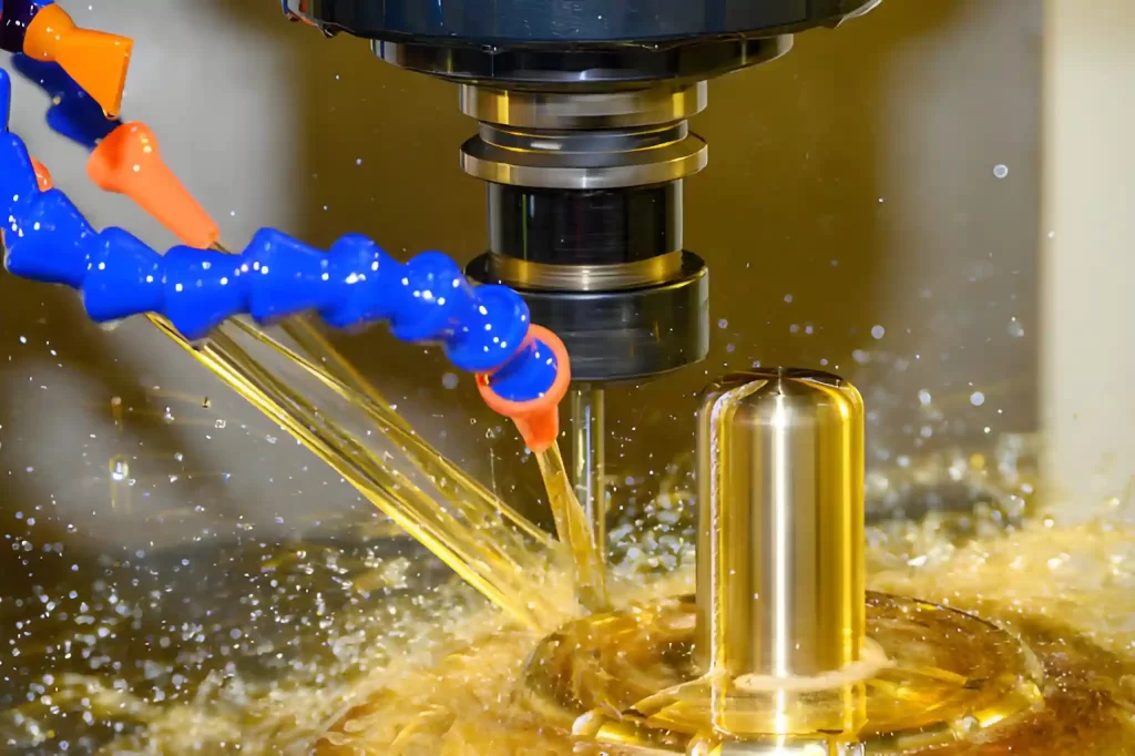 CNC milling machine finishing cuts the brass shell mold parts using the oil-coolant method.